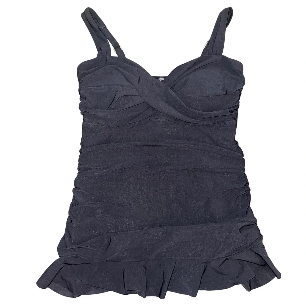 Lands End Black Slender Ruched Tankini Top Sweetheart Ruffle Swimsuit Size 6‎